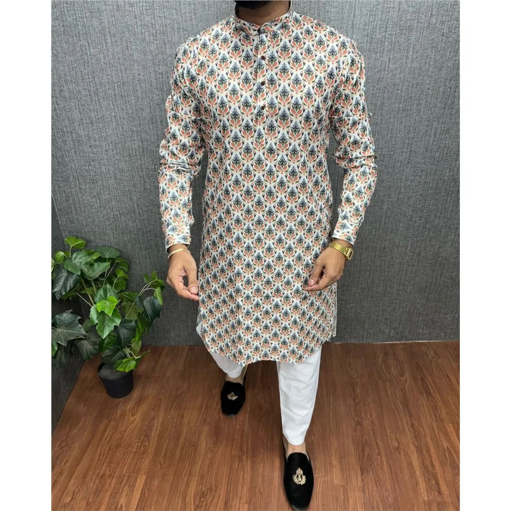 Kurta Vardha – col Mandarin pour hommes, imprimé numérique, coupe régulière, Long, adapté à toutes les Occasions, tels que mariage, Hari Raya Aidilfitri, 2026