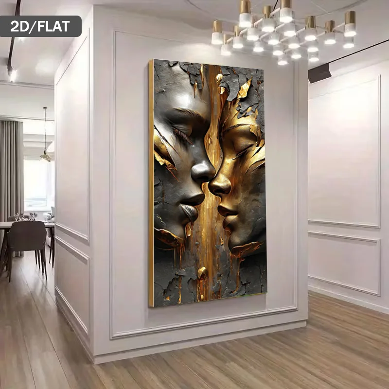 2D Flat Large Modern Abstract Golden & Silvery Face Canvas Wall Art Unframed Crackle Texture Canvas Prints for Living Room Decor