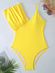 2026 Solid Asymmetric Swimsuit Womeon One Piece Yellow Swimwear Female Beachwear Bathers Bathing Swimming Swim Suit