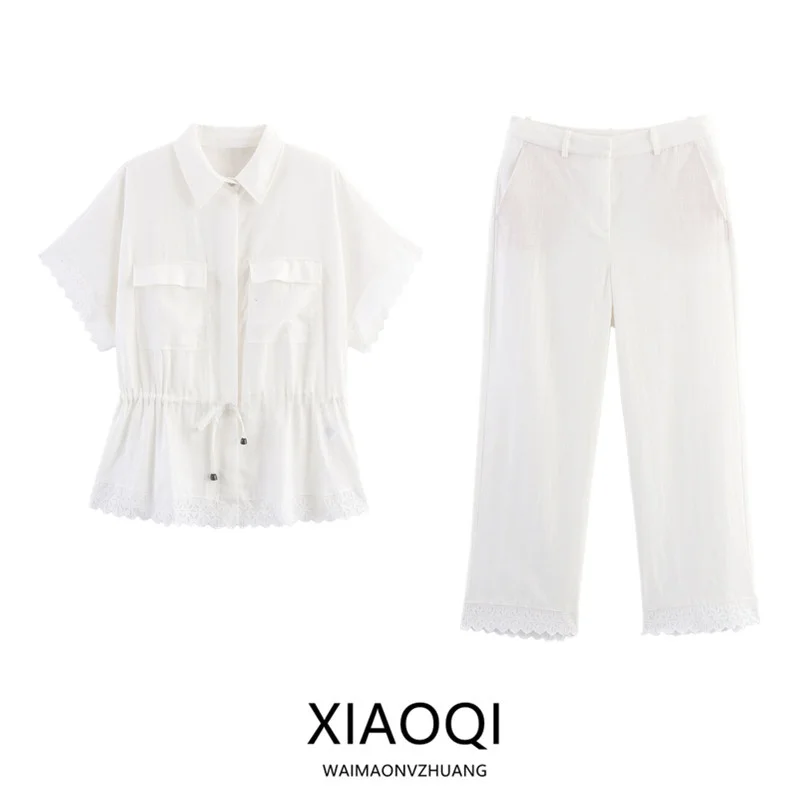 ชุดเซ็ตสองชิ้น เสื้อคอปกแต่งลูกไม้ กางเกงขายาวเอวสูง แฟชั่นผู้หญิง ฤดูใบไม้ร่วง 2025 เหมาะสำหรับใส่ไปทำงาน