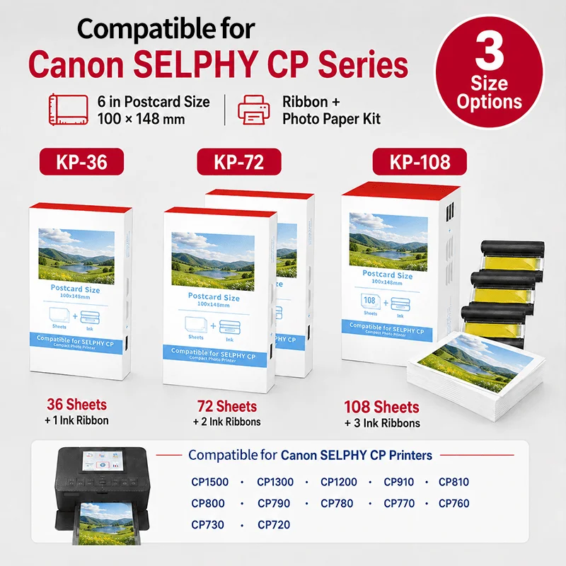 Juego de Papel y Tinta KP-108 KP-36 Compatible con Impresoras Fotográficas Canon Selphy CP1500 CP1300 CP1200 CP1000, 4x6 100x148mm 36/72/108 Hojas