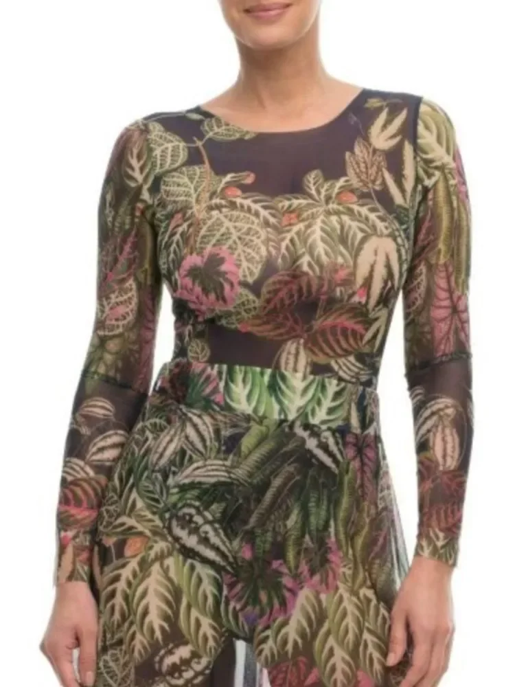 2026 UPF50 Sheer Rash Guard Long Sleeve One-Piece Swimsuit Women Leaf Print Sun Protection Yellow Swimwear Bodysuit Beachwear