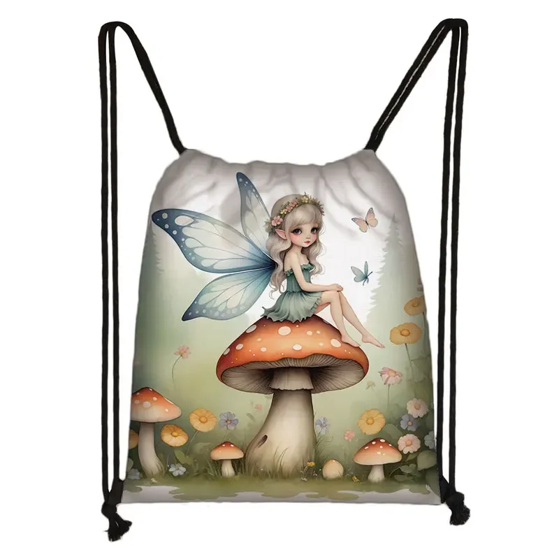 Fantasy Fairy Elf Pattern Drawstring Bag Cartoon Mushroo Backpacks Women Bookbag for Travel Storage Bags Shoes Holder