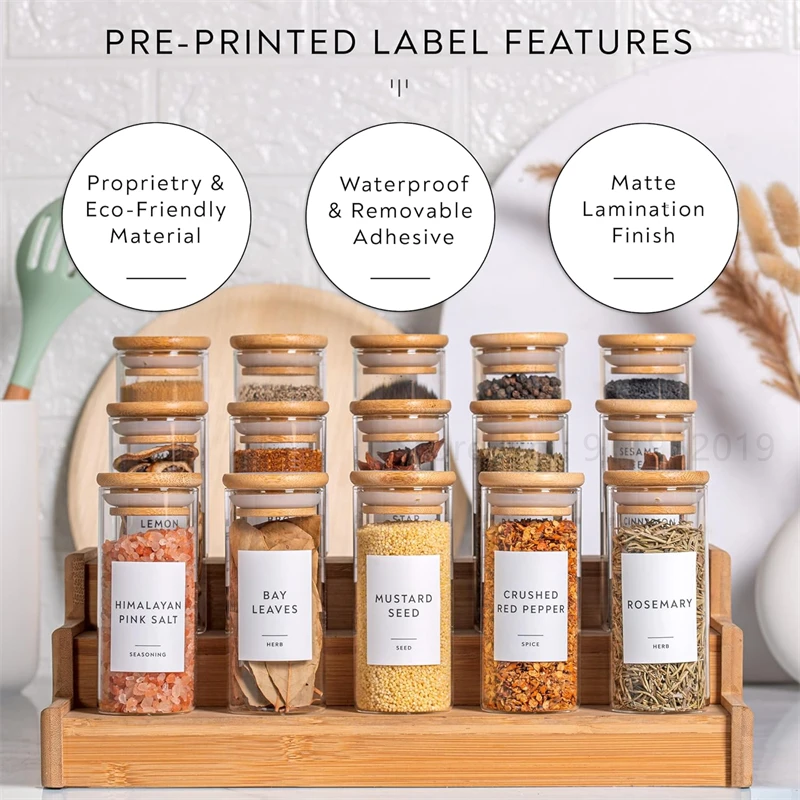 4oz 6/10pcs Spice Jars with Minimalist Spice Labels,Round Jar Canisters with Polished Bamboo Lids,Adjustable Measuring Spoon