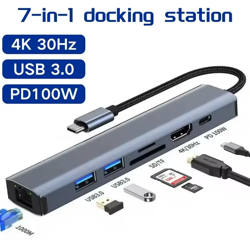 

Док-станция 7-в-1 USB C HUB 4K30 Гц HDMI USB3.0 5 Гбит/с PD100W RJ45 SDTF USB-сплиттер для чтения карт памяти для ноутбука MacBook Pro Air