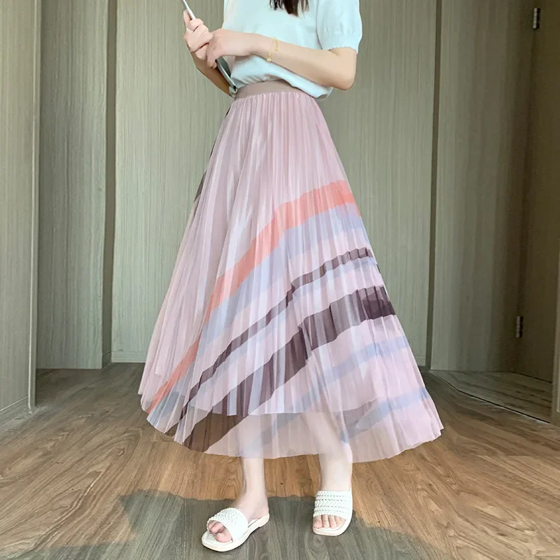 

Summer Rainbow Mesh High-waist Slimming Fashionable Dance Big Swing Medium Length Skirt Fresh Sweet Style