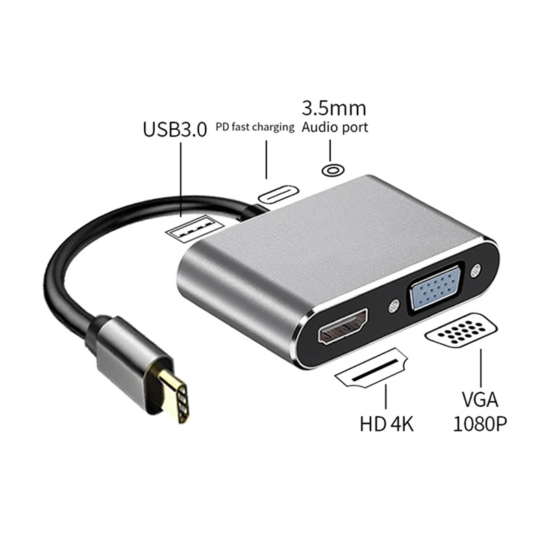 

Док-станция 5-в-1 с совместимыми портами гарнитуры + VGA + USB + PD для различных мобильных телефонов, планшетов и компьютеров-ABVP