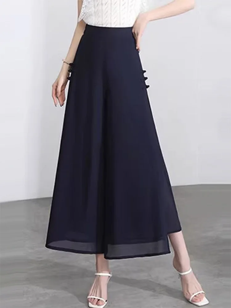 Casual Slit Wide Leg Pants Women's Summer Thin Chiffon Nine Points Pants Open Split Casual Trousers Thin Model Summer Skirt