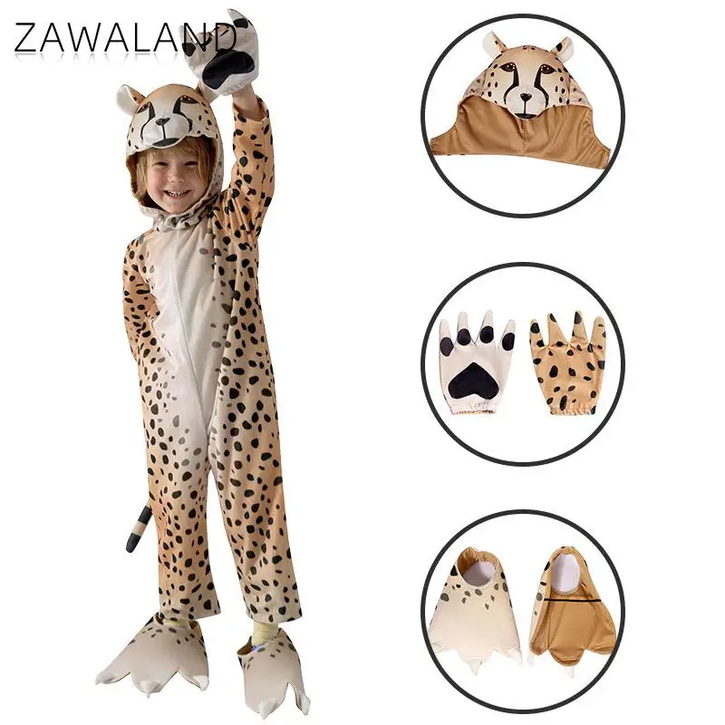 

Zawaland Kid's Cheetah Cosplay Costume Jumpsuit Children's Day Animal Leopard Performance Dress Up Boy Halloween Costume Suits