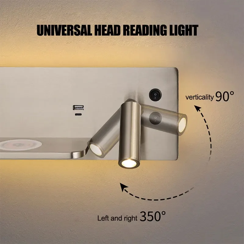 Multifunction Wall Lamp With Led Phone Wireless Charger Shelf Night Lighting Table Bed Reading Bedroom Hotel Bedside USB Sconces