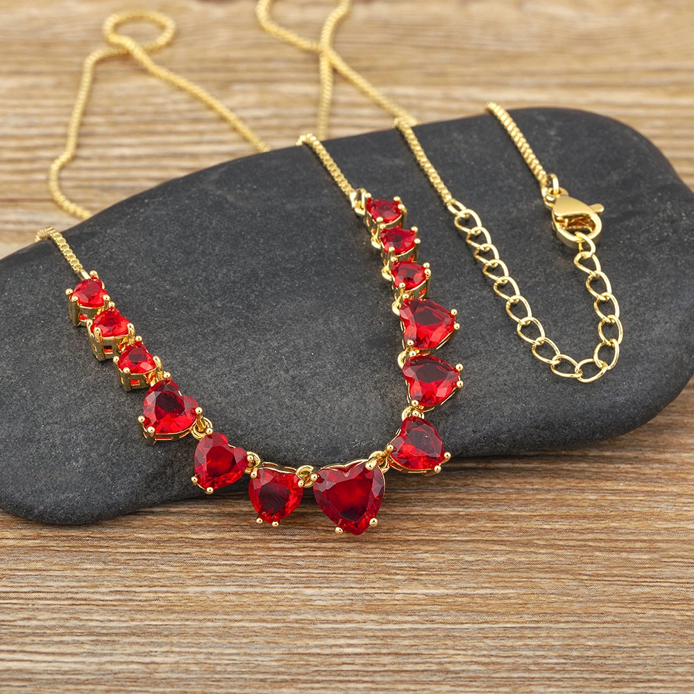 Nidin New Arrival Hot Sale Romantic Heart Shape Pendant Necklace Copper Zircon White/Blace/Red Colors Jewelry Accessories