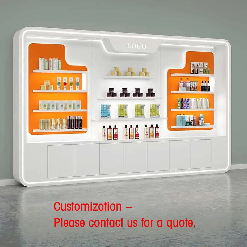 custom.Luxury Standing Wooden LED Cosmetic Display Stand Heavy Duty Design Glass Back Varnished Customi
