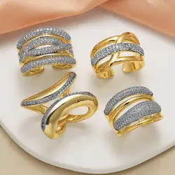 OCESRIO Trendy White Crystal Crossover Rings for Women Copper Gold Plated Adjust Statement Wide Ring Women Jewelry rigk79