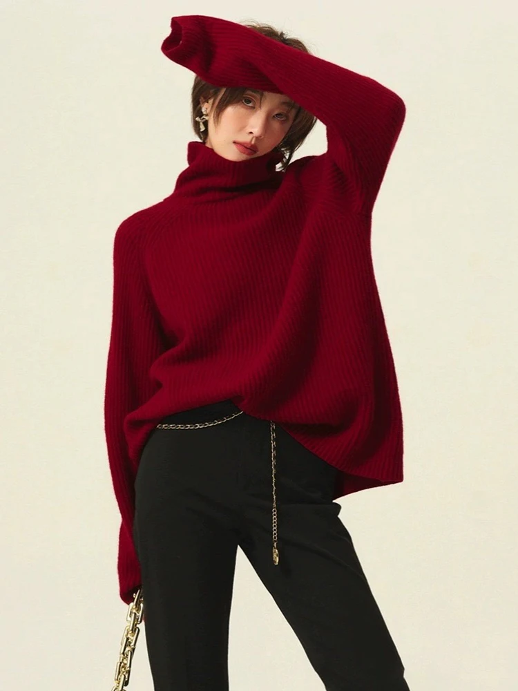 Suéter de punto rojo con cuello alto para mujer, jersey de cuello redondo de lana de imitación, Tops gruesos, puente cálido de invierno, novedad