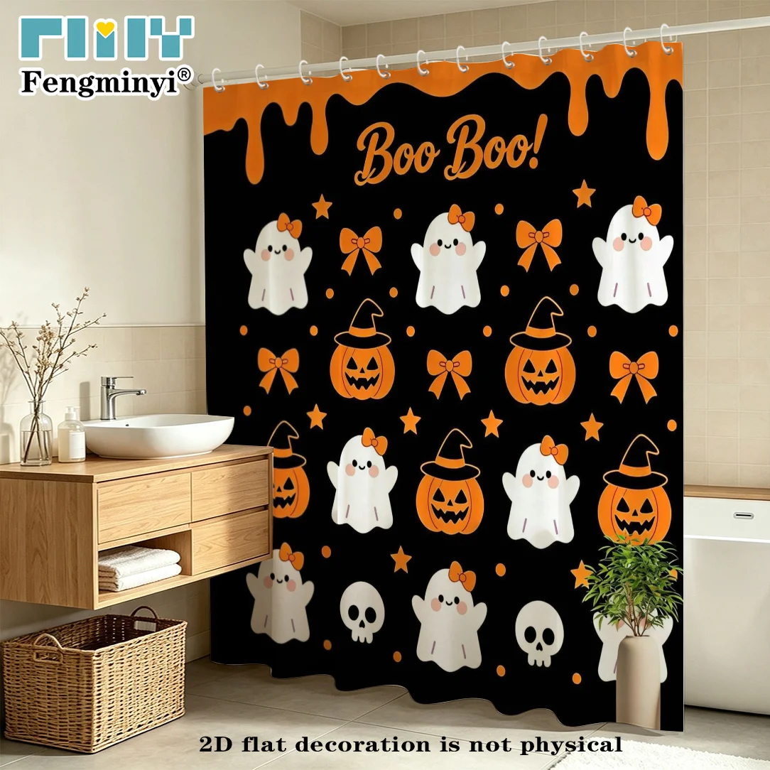 2D Flat, 2D Flat, 2D Flat Shower Curtain 1pc, Halloween Cute Ghost Pumpkin Shower Curtain, Bathroom Decor Partition Curtain, Sui