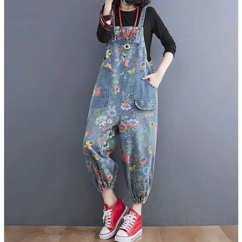 

Denim Jumpsuits for Women Floral Print Harem Pants Vintage One Piece Outfit Women High Street Loose Casual Romper Women Clothing