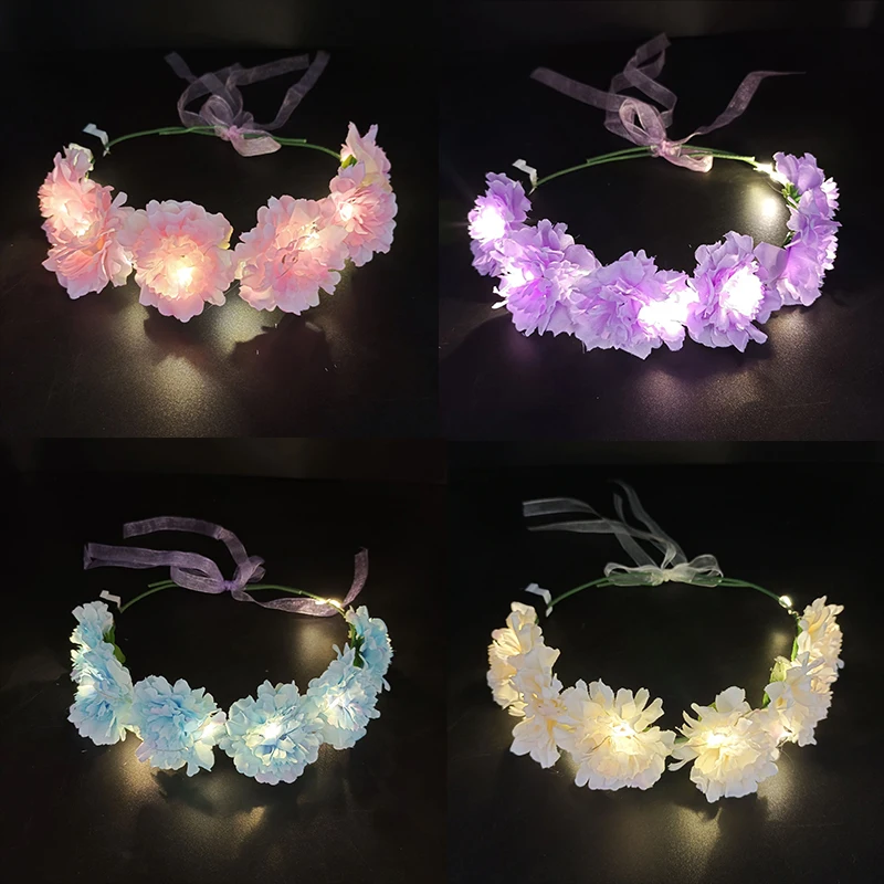 

20/50/100pcs Adjustable Glow Headband with LED Light Flowers Wreath Crown Hairband Wedding Birthday Party Girl Hair Accessories