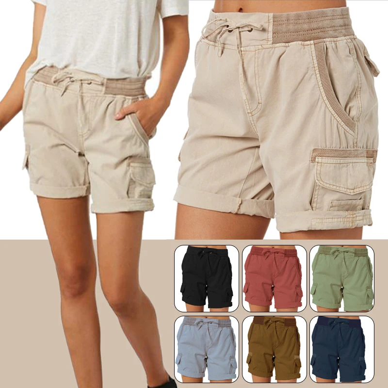 Womens Cargo Pants Shorts Soft Comfortable Casual Cotton Elastic Waist Shorts Summer Bottoms Jeans High Waisted Cargo Pants