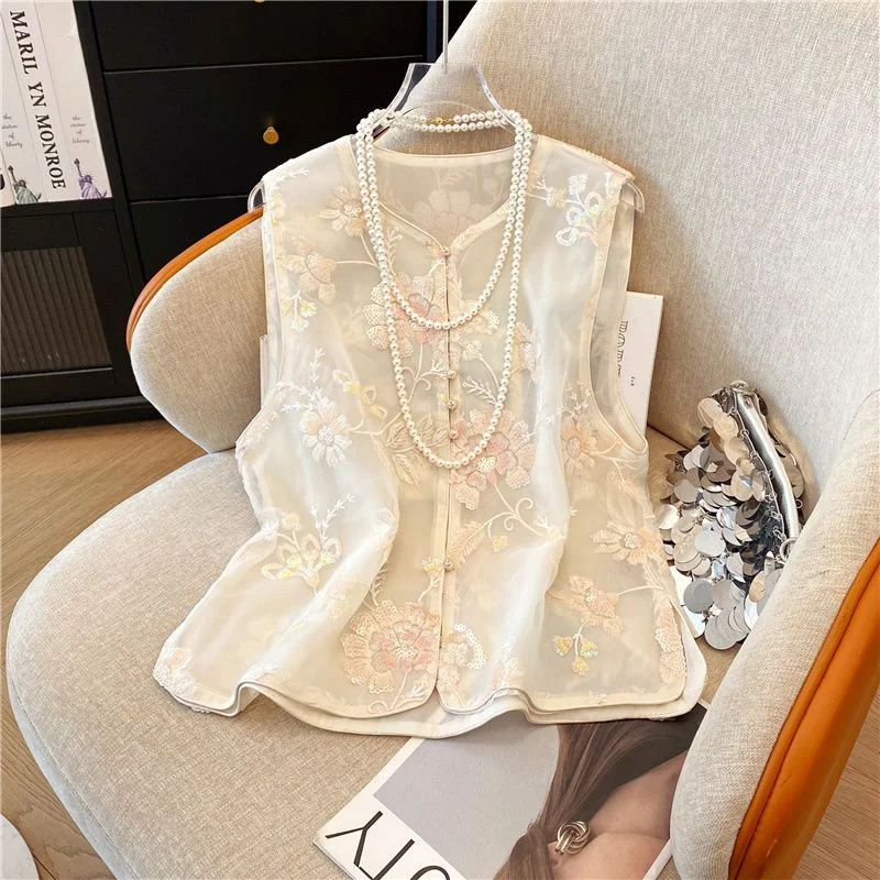 Beautiful Women's Jackets Women's Vest High-end Summer Advanced Retro Chinese Style Buckle Embroidery Thin Vest Womens coat vest