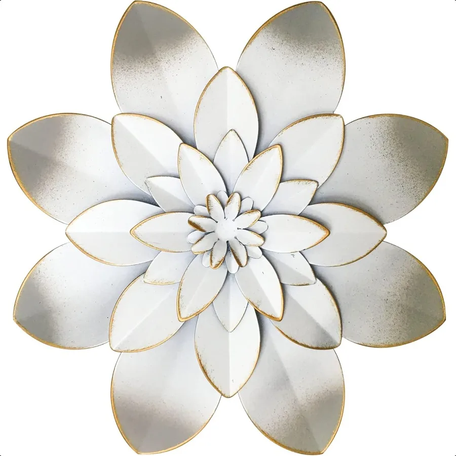 

White Metal Flower Wall Art Decor 9.5 Rustic Modern Floral Sculpture Distressed Hanging Home Decoration Accent Artworks for Ind
