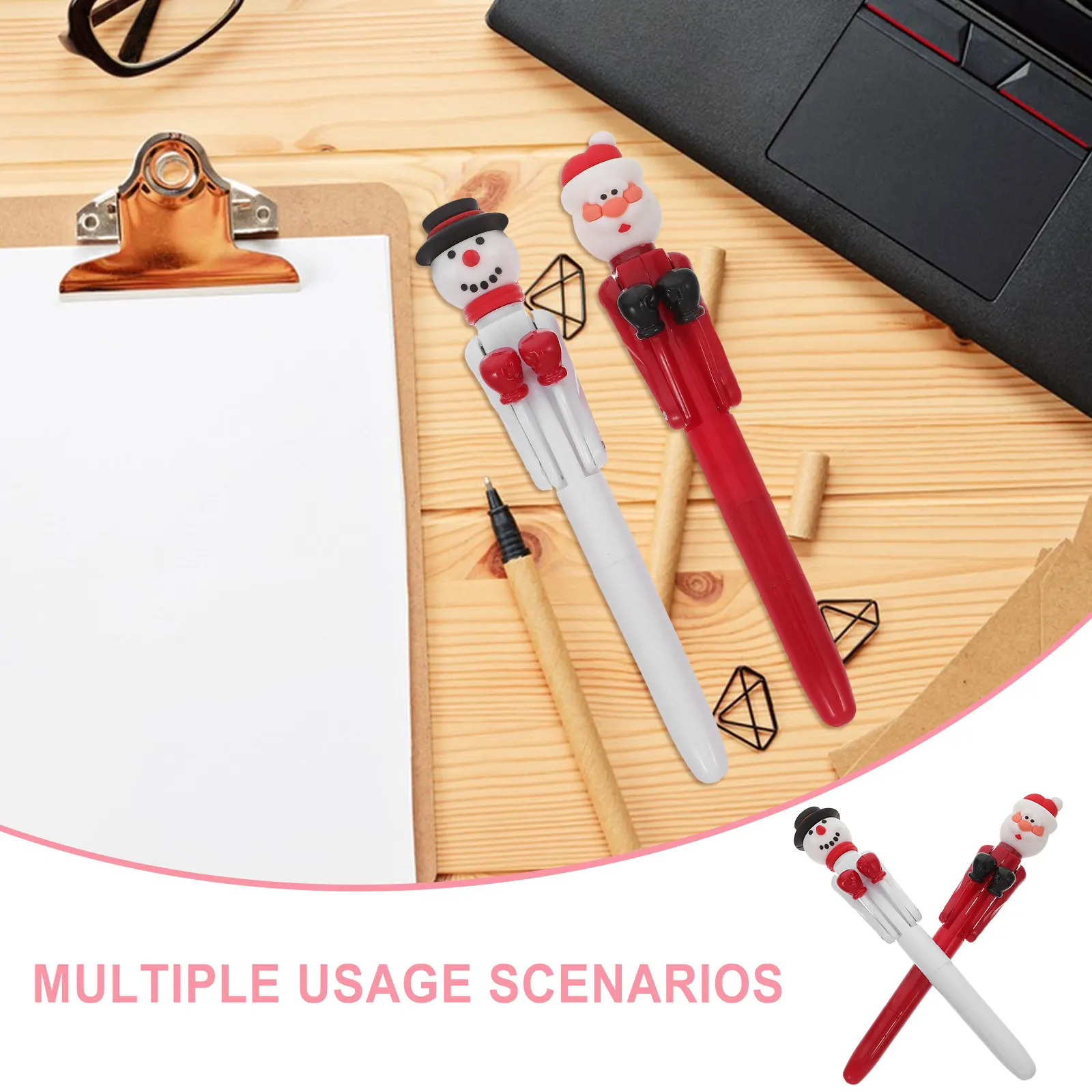 2pcs Christmas Ballpoint Pens with Santa & Snowman Design, Smooth Writing, Press Button, Holiday Gift for Students & Office