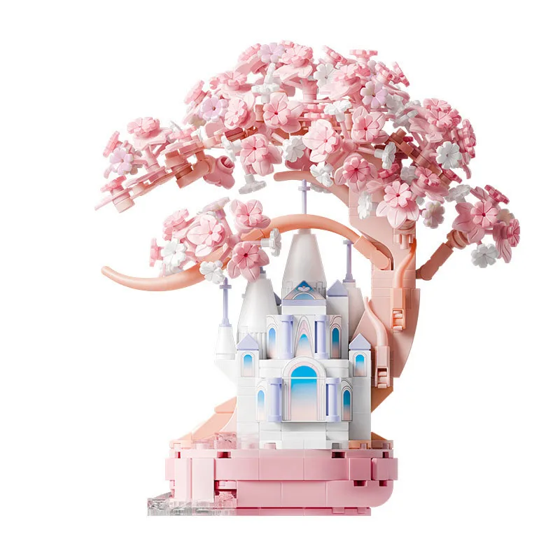 Creative Mini Block Cherry Blossom Tree Potted Plants Building Brick Streetscape Sakura Castle Construction Toy For Girls Gift