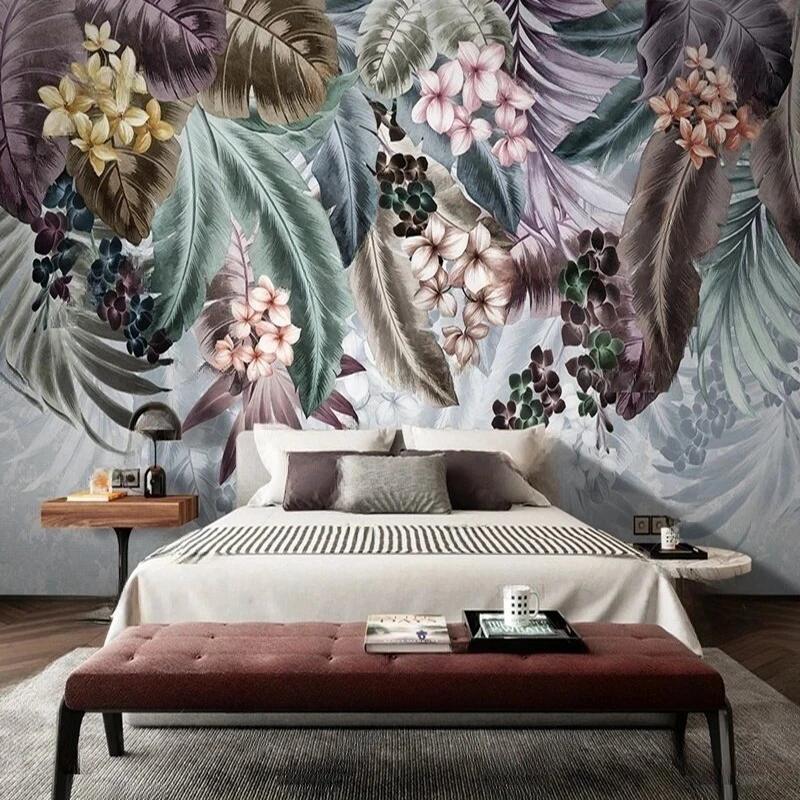 MU8952 Modern simple Nordic hand-painted plant flower and pastoral TV background wall paintings sofa paper mural