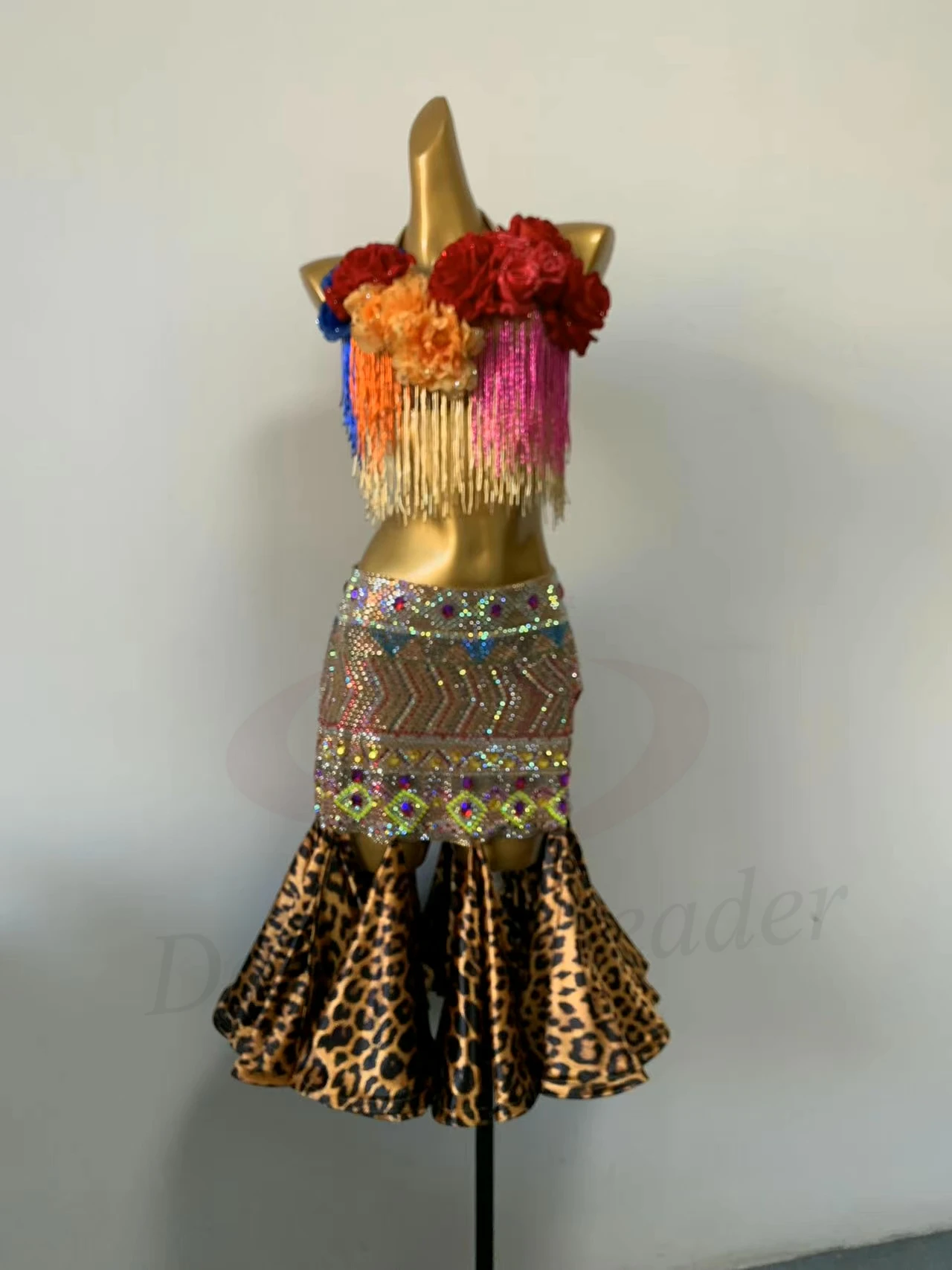 

Latin Dance Rhinestone Dress, High-end Custom Flower Tassel Bra, Leopard Print Skirt, Tango Adult Stage Professional Clothing