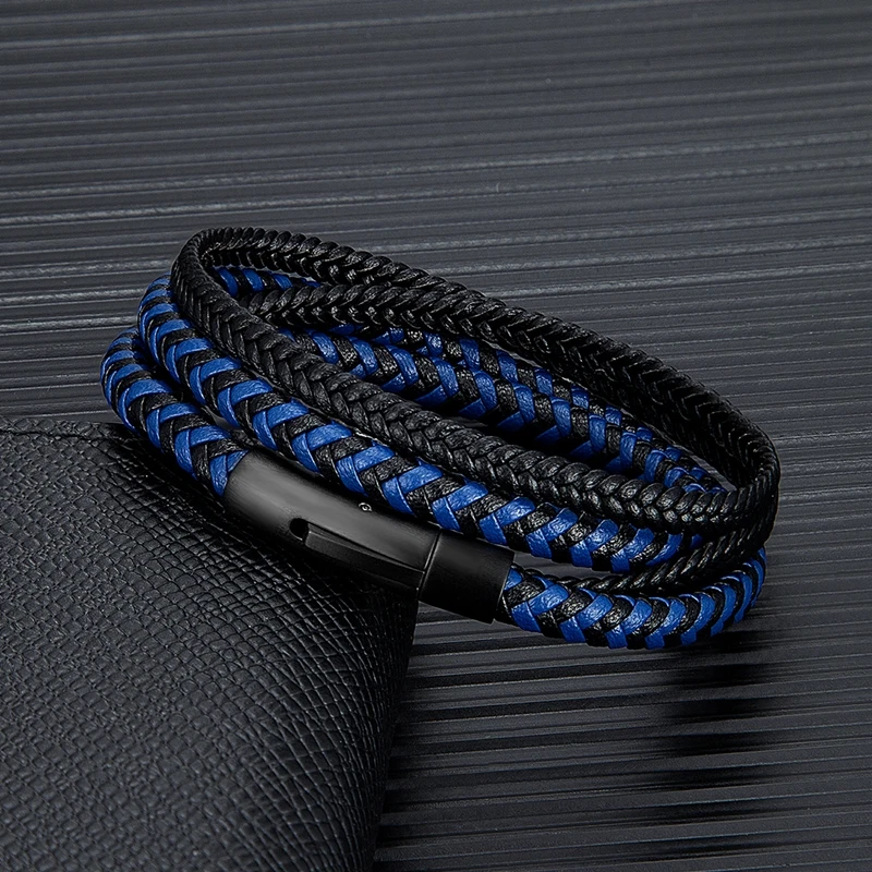 MKENDN Simple Style Men Double Layer Leather Bracelet Matte Black Stainless Steel Button Accessories Hand-woven Jewelry Gifts