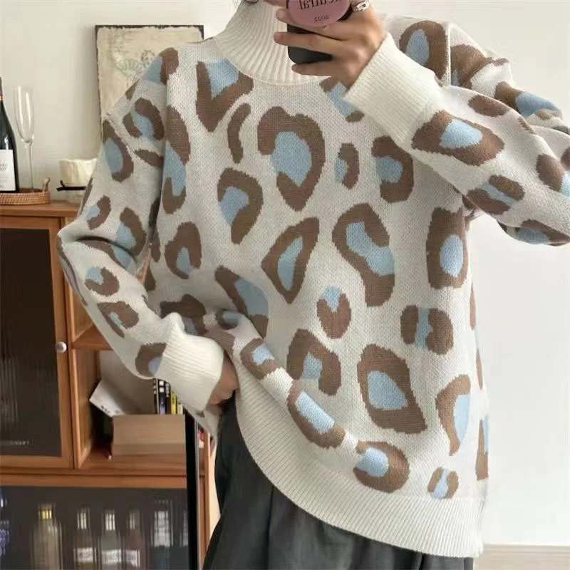 New Autumn and Winter Fashion Trend French Leopard Print Half High Neck Loose and Slim Reducing Age Women\'s Long Sleeve Sweater