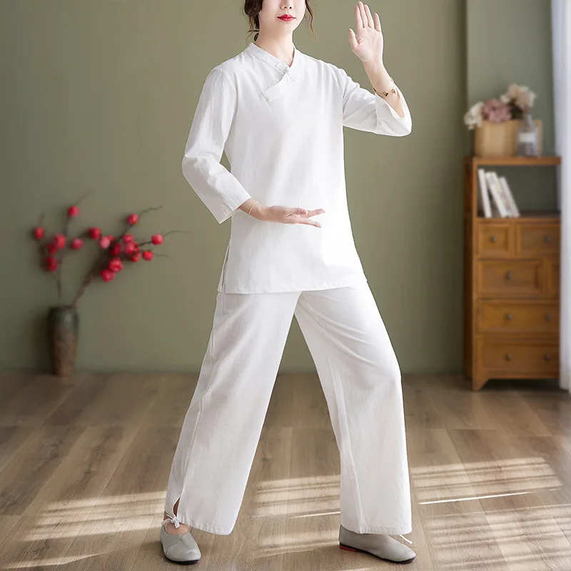 Chinese Traditional Women Yoga Tai Chi Martial Art Set Cotton Linen Loose Shirt+pant Casual Workout Meditation Tang Suit Clothes