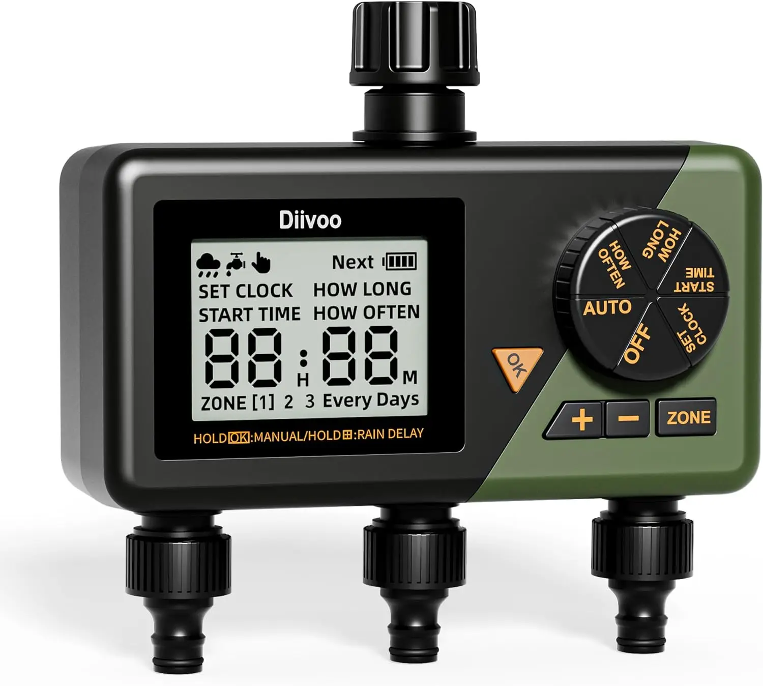 

Diivoo Water Timer 1/2/3 Outlet Sprinkler Timer with Manual Setting 6 Watering Programs Irrigation Timer and Rain Delay for Lawn