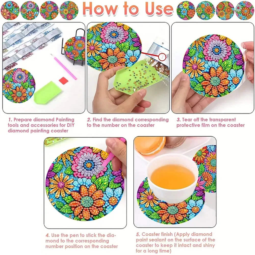 8 قطع/مجموعة من الوقايات المطلية بالألماس على شكل حيوانات وزهور، حصيرة مشروبات مقاومة للحرارة من حجر الراين المتلألئ مع #4