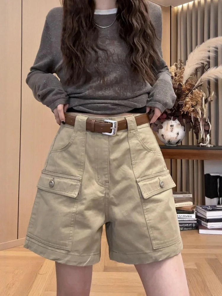 

plus Size Denim Shorts for Women Summer Thin Wide Leg Pants Khaki Color American Style High Waist Jeans Casual Wear