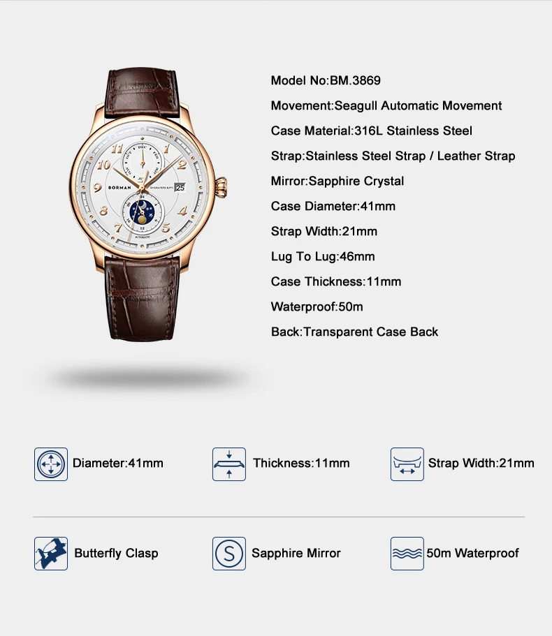 BORMAN 남자 자동 시계 41mm 빈티지 기계식 손목 시계 50m 방수 사파이어 빛나는 멀티 다이얼 월 날짜 24 시간