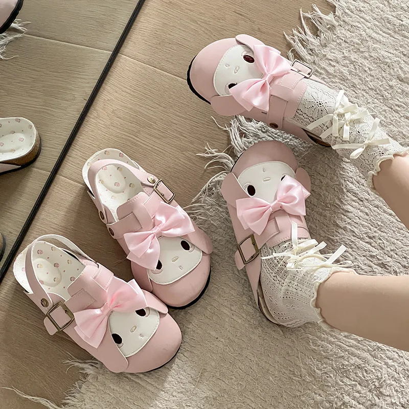 

Женские розовые милые шлепанцы на платформе с бантом и пряжкой в стиле Лолита, повседневные слипоны, кавайные мюли для весны и лета