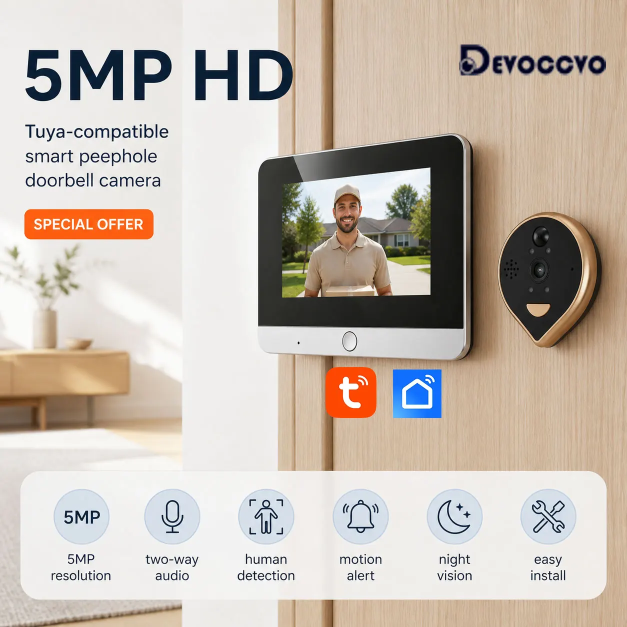 Tuya 5MP Peephole Viewer with 5 Inch Screen WiFi 940NM IR Microwave Motion Detection Door Camera Equipped with 10000mAh Battery