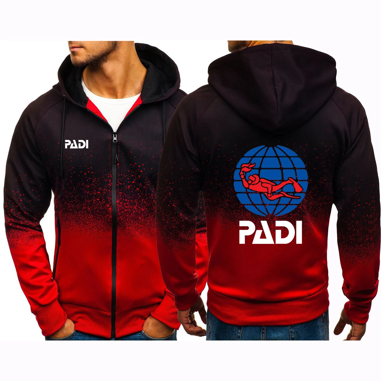 2024 Scuba Driver Padi Printing Autumn Men Hoodies Casual Hip Hop Harajuku Gradient Color Hooded Sweatshirts Zipper Jacket Tops