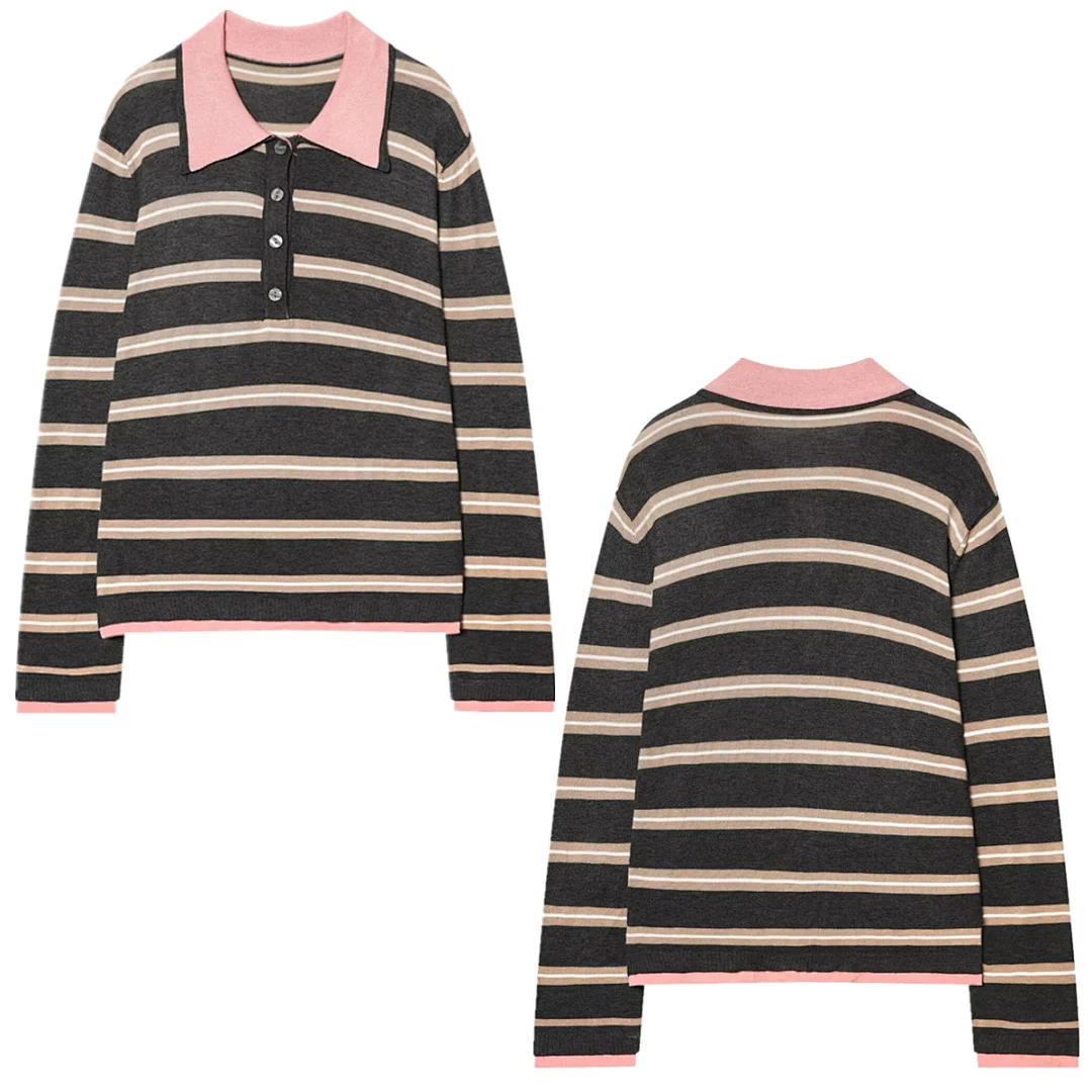 

Jenny&Dave Fashion Vintage Striped T-shirt Women's Sweater Knitwear Polo Collar Loose Pullover Tops Woman Clothing Woman Clothes