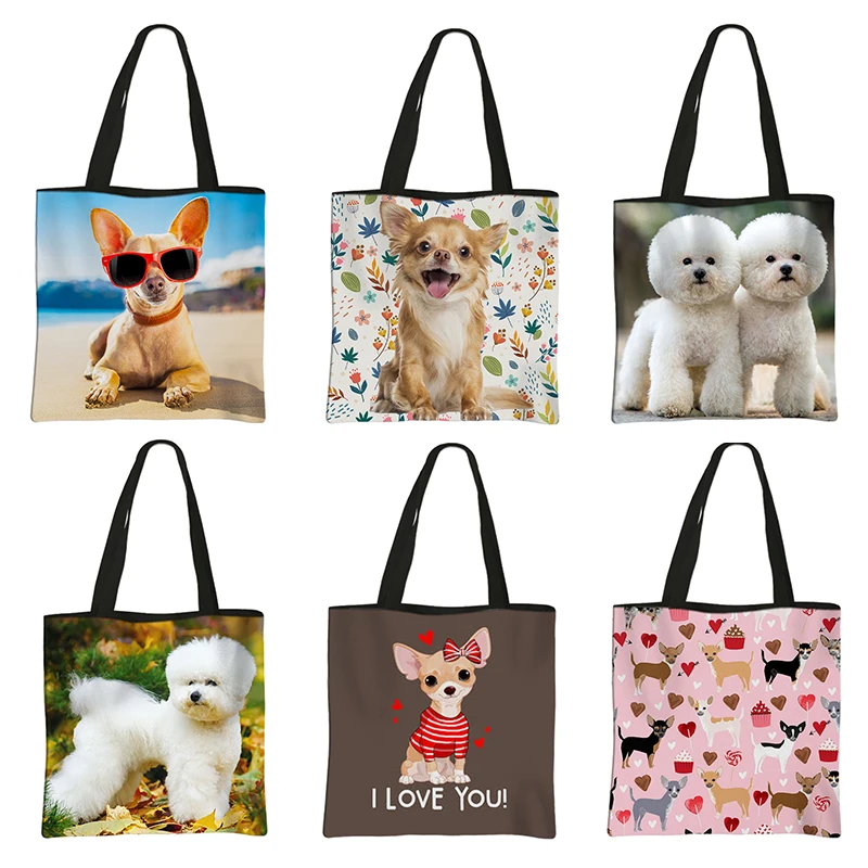 Cute Chihuahua Bichon Frise Dog Print Shoulder Bag Women Tote Bags Fashion Eco Reusable Shopping Bag Canvas Storage Bags Gift