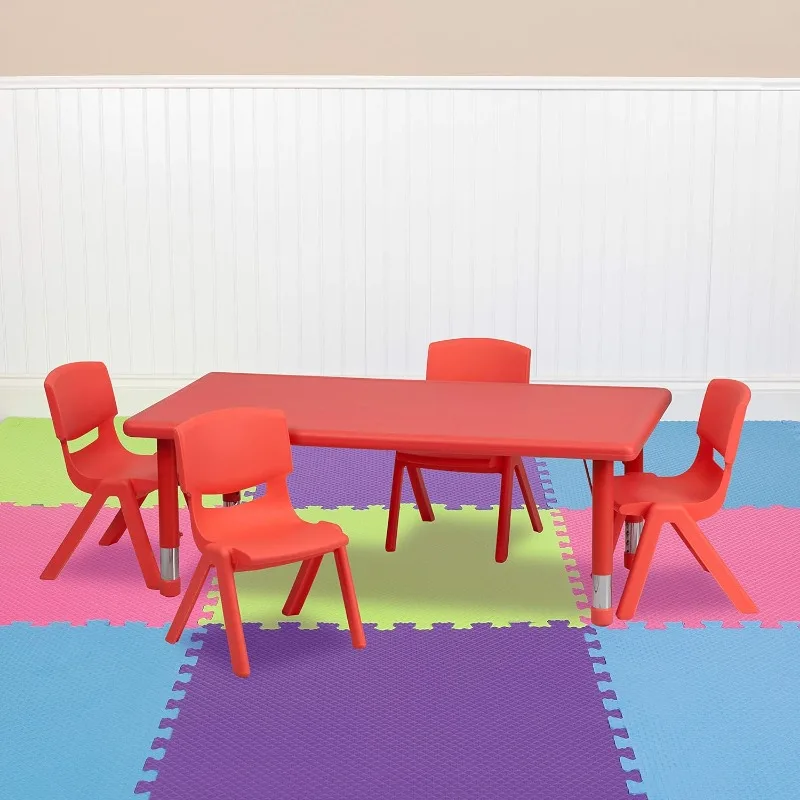 Juego de mesa de actividades Rectangular de plástico rojo, altura ajustable, 24 "W x 48" L, 4 sillas