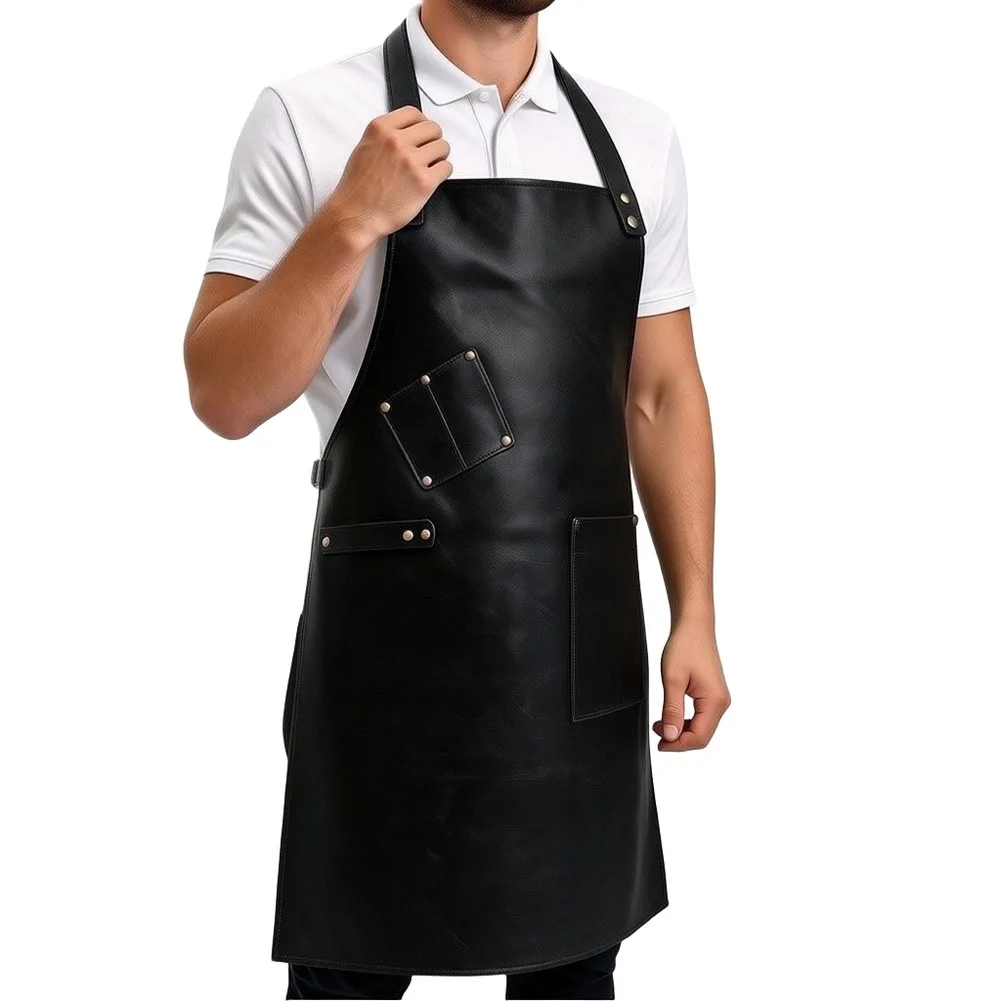 Grilling apron made from PU leather with oil-repelling finish and For watertight layer plus two pockets for quick item retrieval