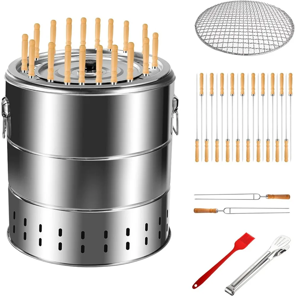 

Stainless Steel Smokeless Barbecue Barrel Surround Charcoal Grill, Portable Charcoal Grill with Skewers and BBQ Set