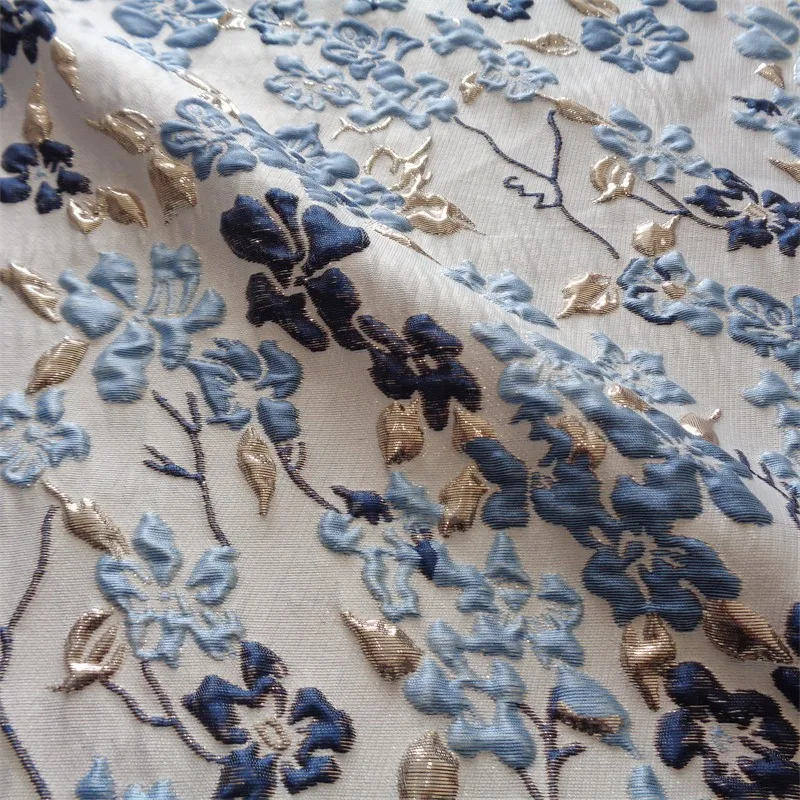 Blue Gold Silk Relief Jacquard Flowers Fabric Chinese Style Relief Qipao Women's Dress Skirt Clothing Designer Fabric