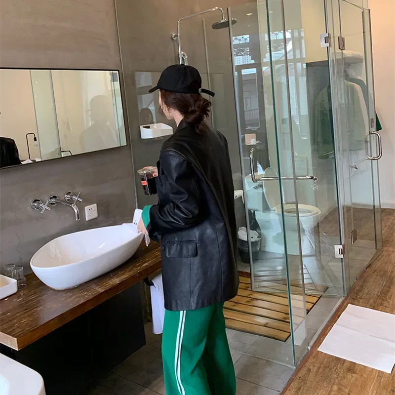 2025 봄 가을 한국 느슨한 더블 브레스트 여성 블랙 가짜 가죽 블레이저 옷깃 긴 소매 여성 Outwear Abrigo Mujer