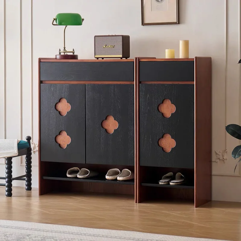French retro solid wood shoe rack home door shoe cabinet entrance living room large capacity multi-layer integrated storage