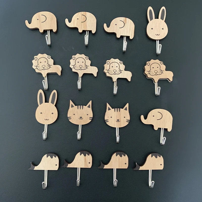 8 pieces, wooden cartoon animal hooks, can hang keys, hats, towels, self-adhesive household door hooks, can bear about 1 pound