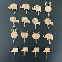 8 pieces, wooden cartoon animal hooks, can hang keys, hats, towels, self-adhesive household door hooks, can bear about 1 pound