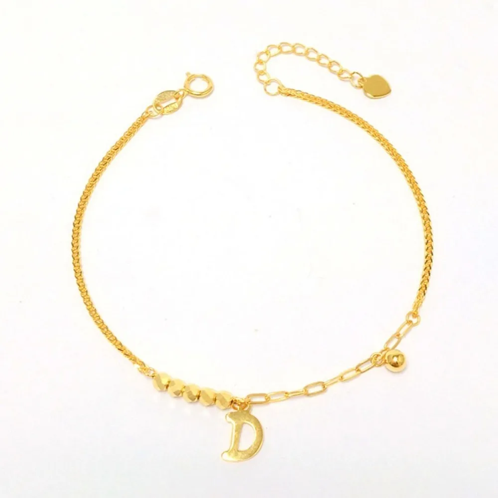 

Real Pure 18K Yellow Gold Chain Women Letter D Wheat Bead O Link Bracelet 1.9g