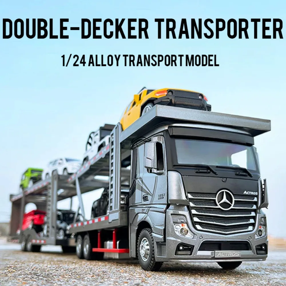 1/24 Scale Double Decker Flatbed Transport Truck Alloy Diecast Car Model Toy Rubber Tires Doors Can Open Special Holiday Present